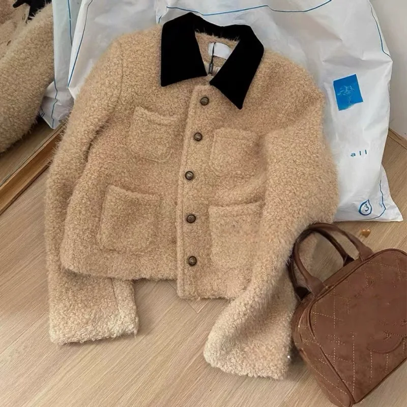 Women Winter Contrast Collar Fuzzy Tweed Jacket Padded Liner French Style Cropped Outerwear