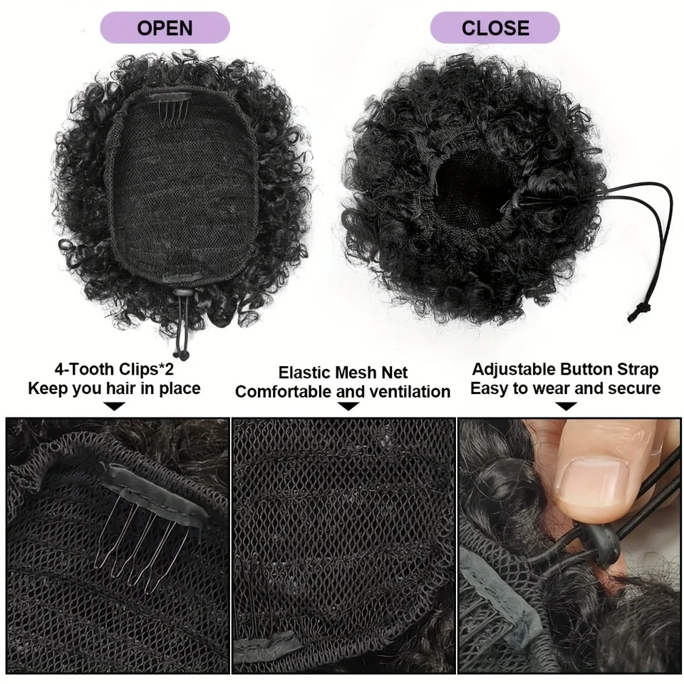 Moño y coleta de cabello humano brasileño afro kinky, rizos cortos, con cordón, color negro natural 5