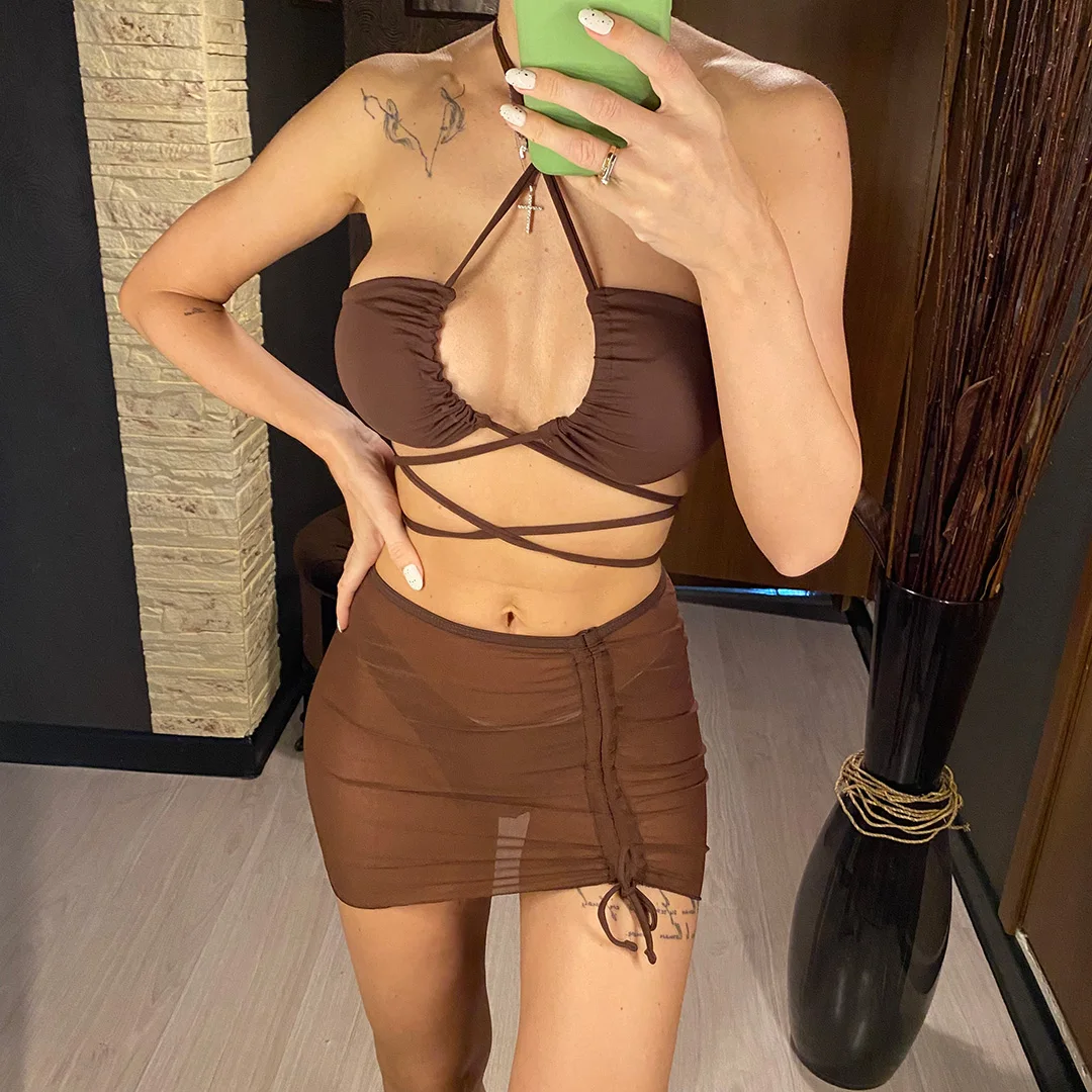 Neuer Wickel-Bikini mit Schnürung, Damen-Badeanzug, dreiteiliges Bikini-Set mit Rock, Badebekleidung, Badeanzug, Modell V3160 – Detail 21