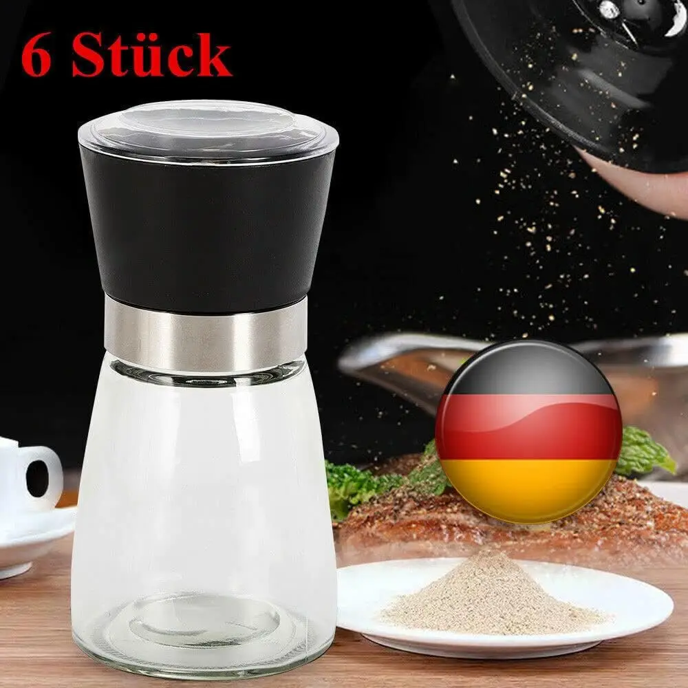 6-teiliges Manuelles Glas-Gewürzmühlen-Set, Salz- und Pfeffermühle, Kaffeemühle, Gewürzmühle aus Glas für die Küche, Ohne Gewürze