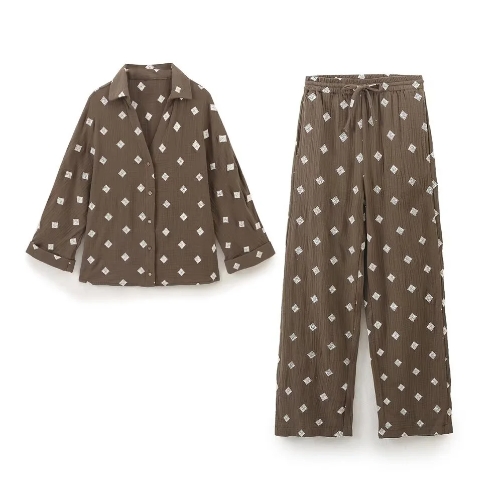 2024 Autumn Fashion New Women's Embroidered Casual Elegant Single breasted Design Shirt&Wide Leg Pants Set