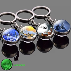 Glow In The Dark Snow House Keychain Double Sides Christmas Tree Glass Ball Keyring Car Key Chain Christmas Gift