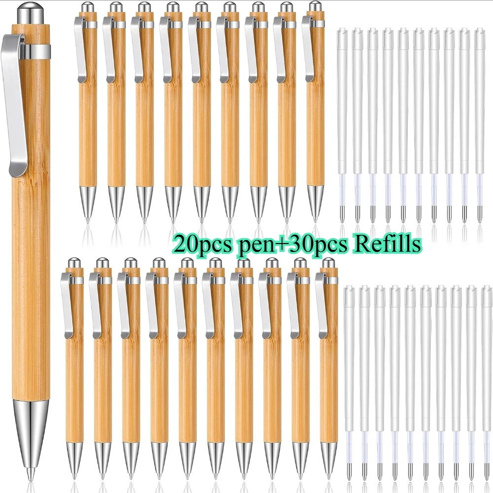 

50pcs Bamboo Pens Bulk Wood Natural Retractable Pen with Extra Black Ink Refills Ballpoint Pen(20pcs Pen+30pcs Refills)