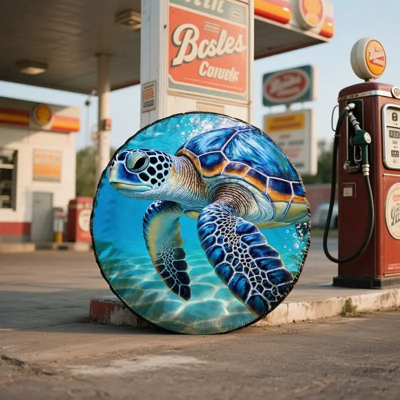 Sea Turtle Pattern Polyester Fiber Car Tire Cover, Detailed Blue Orange Yellow Shell Design, Sunlight Underwater Scenic, Fit Fo - view 5