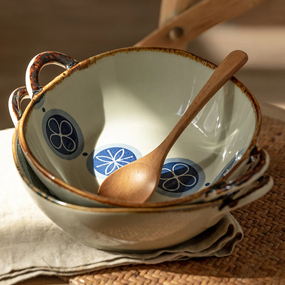 7.5 Inch Japanese Household Noodle Bowl Ceramic Soup Bowl With Handle Soup Bowl Anti-Scald and Non-Slip Noodle Bowl Salad Bowl