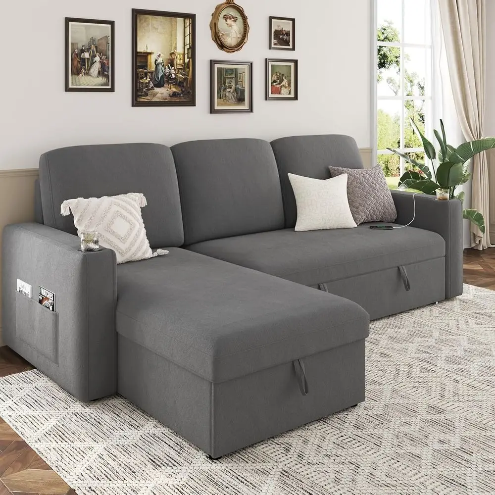 Pull-Out Sleeper Sofa Bed with Storage Chaise, 2-in-1 Reversible Sectional, Charging Station & Cup Holder, L-Shaped Velvet Gray