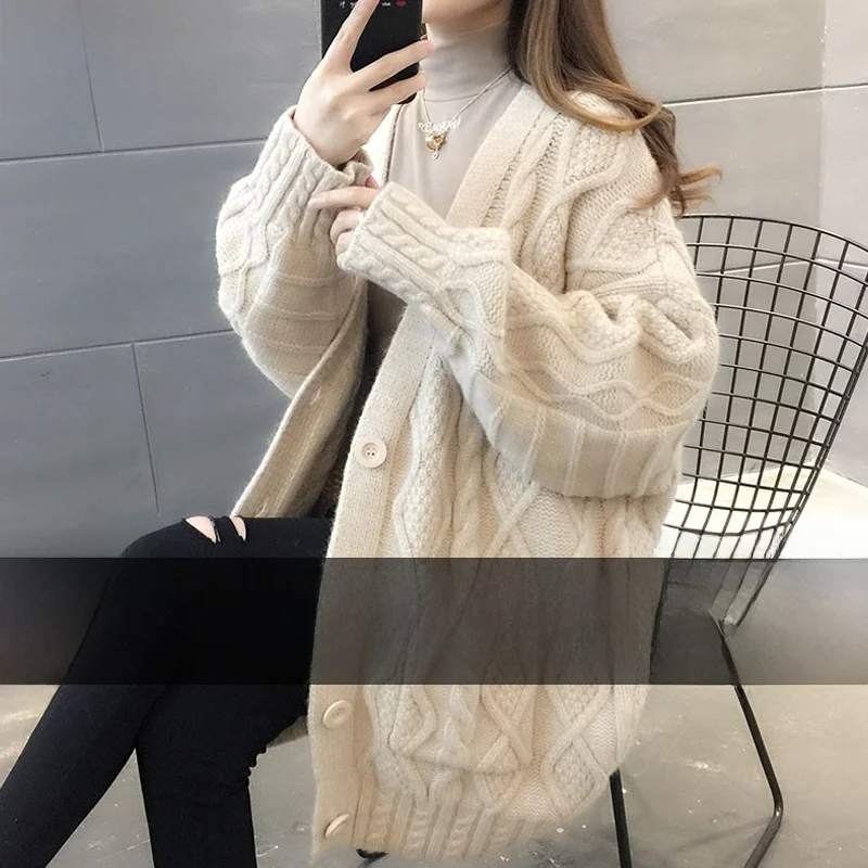 

Женский вязаный свитер, пальто средней длины, весна-осень, свободный ленивый сарафан, вязаный открытый кардиган в стиле ретро, корейская версия, длинный v-образный вырез...