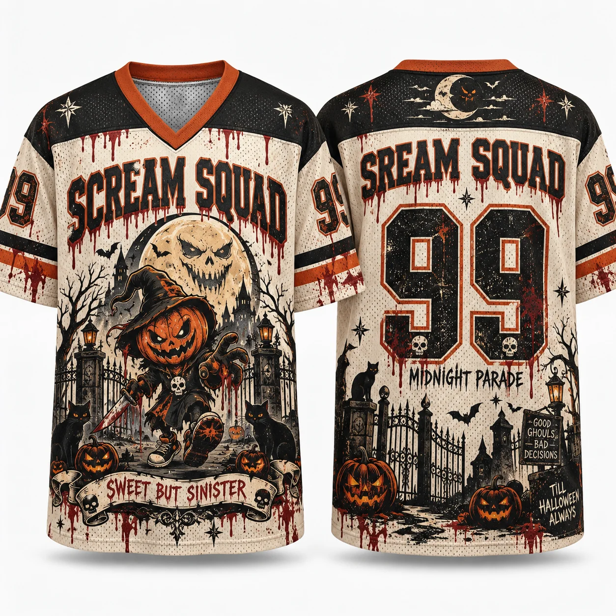 Scream Squad 99 Halloween Oversized Mesh Jersey, Horror Pumpkin Witch Skull Black Cat Print V‑Neck Short Sleeve Party Streetwear