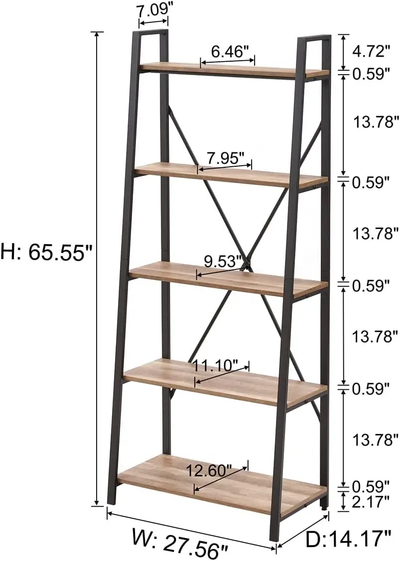 Vintage Oak 5‑Tier Industrial Leaning Ladder Bookshelf, Wood and Metal Open Display Bookcase, Farmhouse‑Style Storage Shelves for Living Room