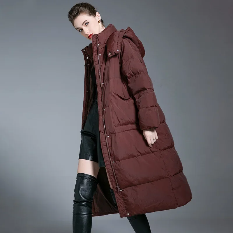 

Loose Down Coats Women Hooded Long Puffer Jackets 2024 Winter Angora Red Slim Waist Overcoats Thickened Warm Removable Hood Tops