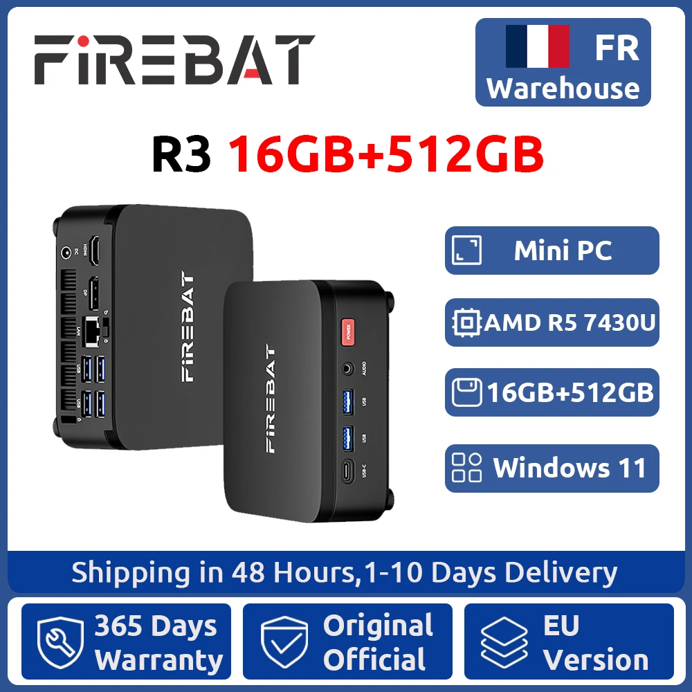 FIREBAT R3 Mini PC Nieuwe AMD Ryzen 5 7430U 16GB LPDDR4 RAM 512GB SSD Wi-Fi 6 BT5.2 USB 3.0 Windows 11 Gaming Desktop Mini Computer