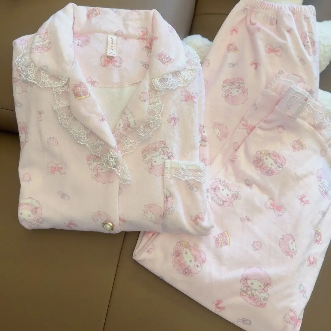 

New My Melody Flannel Pajama Set with Cartoon Animals & Lace, Soft Cute Comfortable Sleepwear for Women, Perfect for Bedtime