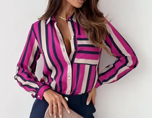 

Fashion Blouse Women 2024 Autumn New Casual Stripe Print Long Sleeve V-Neck Elegant Office Shirt Female Pullovre Basics Clothing