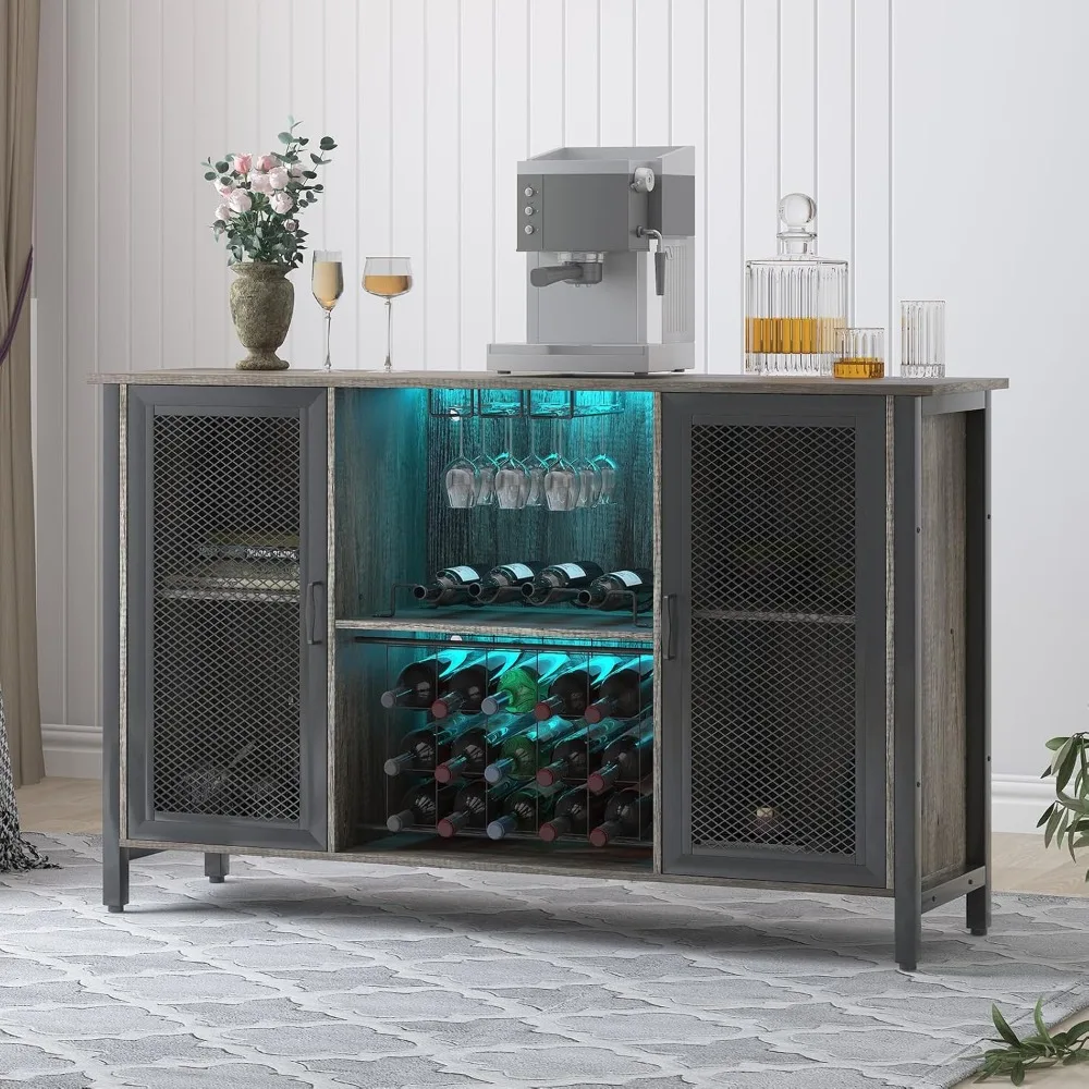 

Wine Bar Cabinet with Remote Control LED Lights, Wooden Home Bar Cabinet for Liquor and Glasses, Bar Cabinet for Dining Room, K