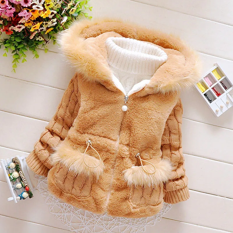 1 2 3 4 Years Old Winter Girls Jacket Plush Wool Splicing Plus Velvet Thickening Keep Warm Slim Outerwear Kids Windbreaker Coat