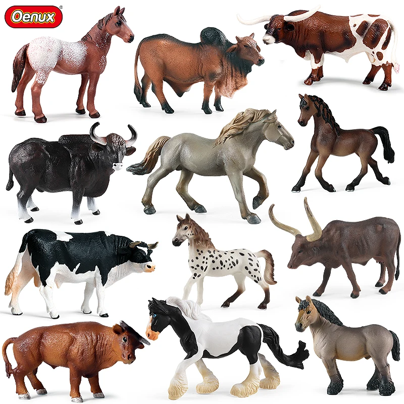 Oenux Farm Animals Steed Horse Model Action Figures Cow Zebu Cattle Calf Bull OX PVC Collection Education Cute Kid Toy Gift