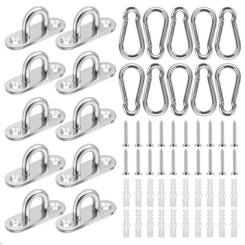M5 304 Pad Eye Set 10 U Hooks 10 Snap Hooks 20 Screws 20 Expansion Plugs for Hammock Yoga Sun Sail Plant Hanger