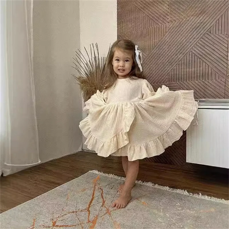 

2024 INS Eastern European style Children's Linen flounces slit hem Dress Girls' elastic sleeve High Quality dress