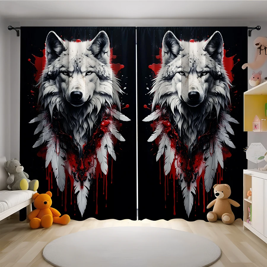 2PCS Digital Print Curtain, White Wolf Head Feather Red Splash Black, Gothic Native Wildlife for Bedroom Kitchen Decor