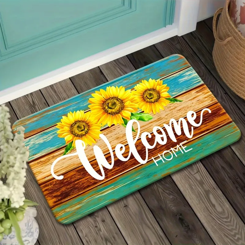 Rustic Wood Plank Sunflower Welcome Home Cursive Letter Print Anti Slip Entrance Doormat Farmhouse Entry Floor Mat