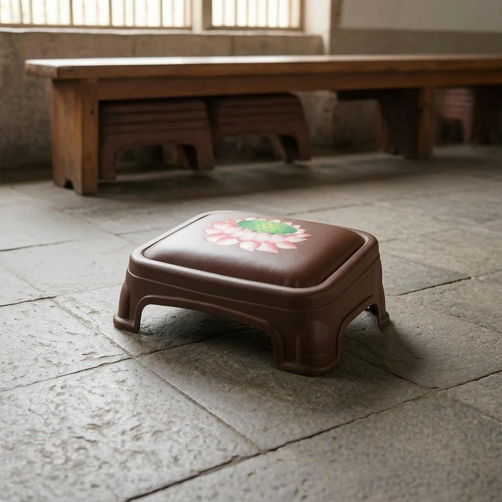 Buddhist Prayer Stool Arched Base Padded Prayer Stool Religious Furniture Rounded Corners Textured Finish for Buddhists