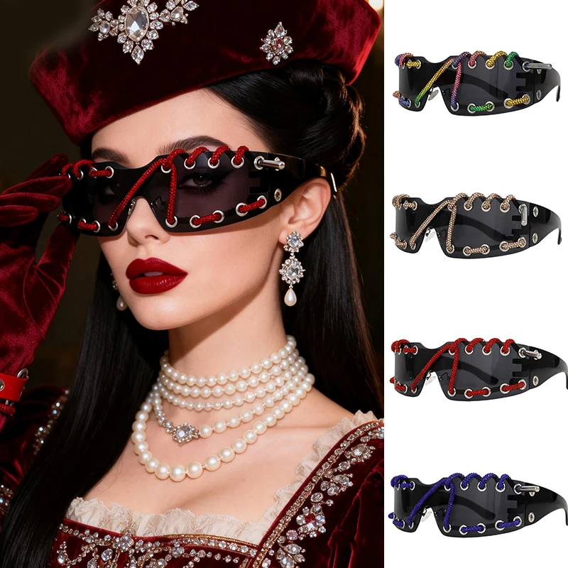 

Fashion Y2k Punk Luxury Rhinestone Chain Sunglasses Men Women One-piece Frameless Personalize Streetwear Party Shades Eyewears