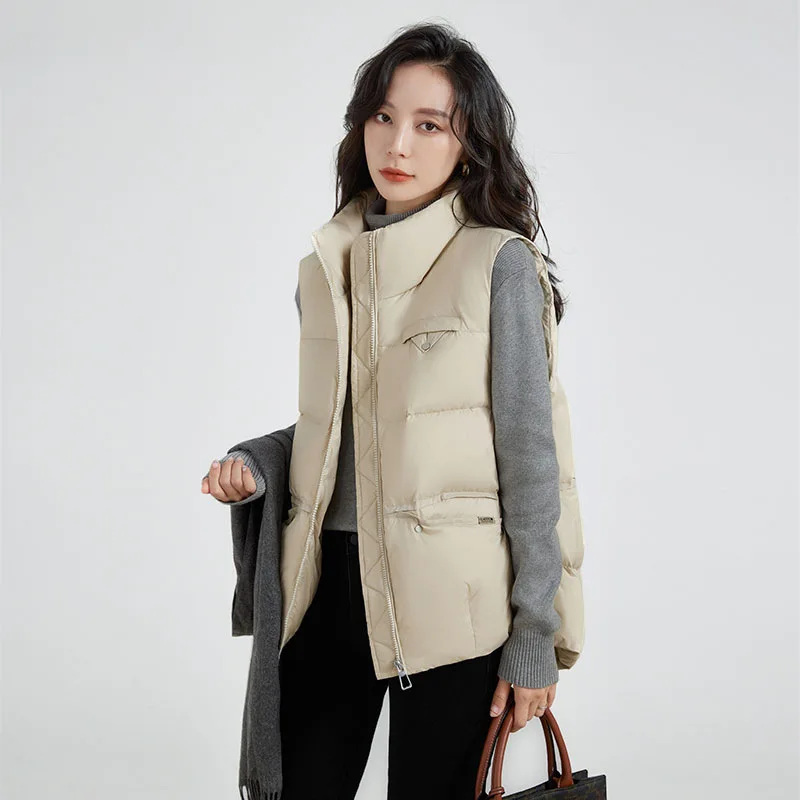 Women White Duck Down Vest Short Stand Collar Waistcoat Woman Fashion Outerwear Sleeveless Jackets chaquetas para mujer JK-139