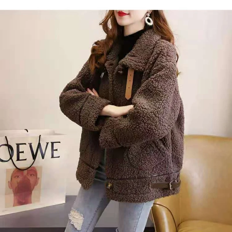 Abrigo de piel de oveja para mujer, chaqueta de lana suave, holgada, gruesa y cálida, combina con todo, moda coreana, invierno, 2024