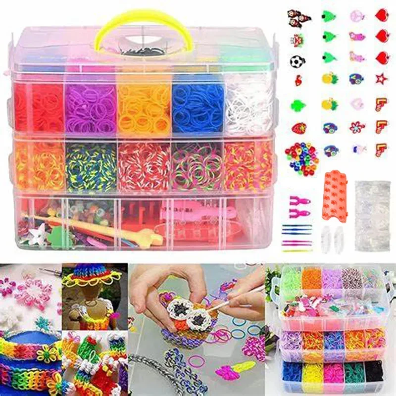 Rainbow Color Rubber Band Set Craft Toy Elastic Bracelet Set Weaving Machine Ribbon Knitted Figures Charms Toy