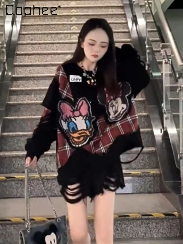 

Oversized Sweatshirt 2025 Autumn New Heavy Cartoon Distressed Design Round Neck Sweatshirt for Women Loose Casual Pullover Top