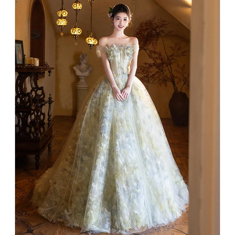 

Luxury Korea Evening Dresses Women 3D Flowers Strapless Floor Length Wedding Party Dress Customized Garden Photoshoot Prom Gown