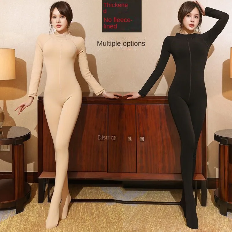 Fleece Lined Padded Warm Jumpsuit Tights Long Sleeve Velvet Fake Women's Stockings Winter Full Body Leotard Open Crotch Pants