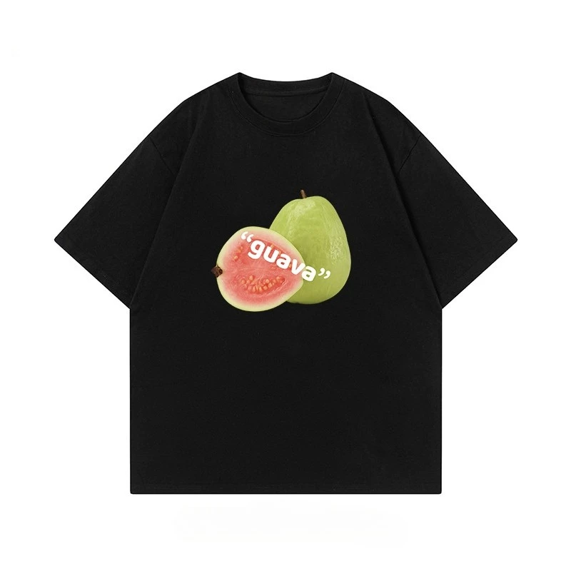 

2025 Summer New trendy Red Heart guava fruit Print T-shirt cotton fashionable casual short-sleeved men's and women's top