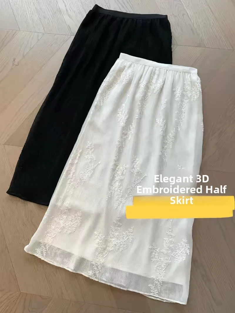 Elegant Embroidered High Waist A-Line Skirt Women's Summer Slim Fit Straight Cut Split Half Length Skirt Heavy Work Old Money...