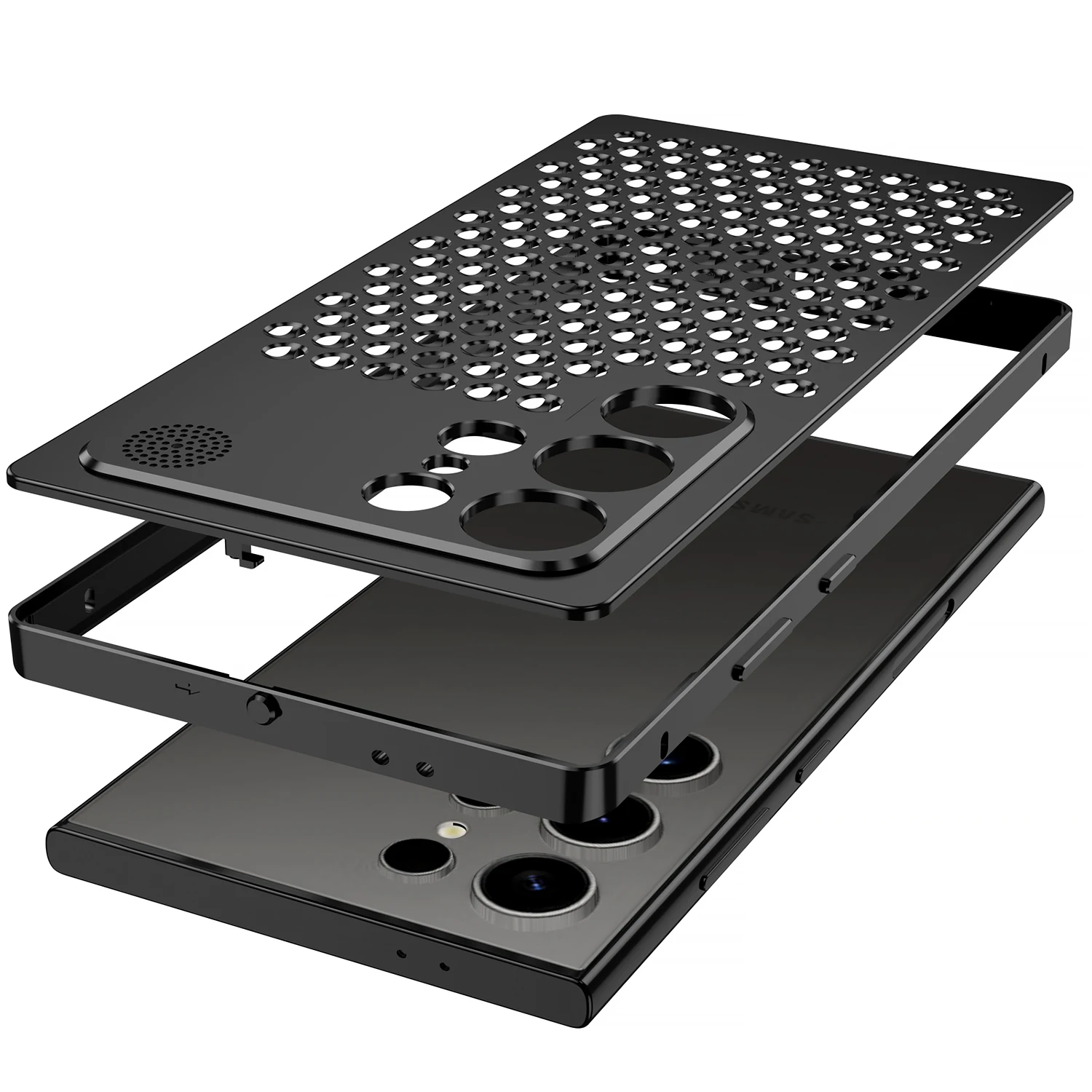 

For Samsung Galaxy S25 S24 23 Ultra PIus Metal Hollow Heat Dissipation Holes Phone Case Spring Buckle Shockproof Protect Cover