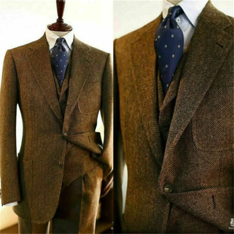 Herringbone Tweed Men Suits Blazer+Vest+Pants Set 3 Pcs Thick Wedding Groom Tuxedos Tailor-Made Custom Size Jacket Coat Outfit