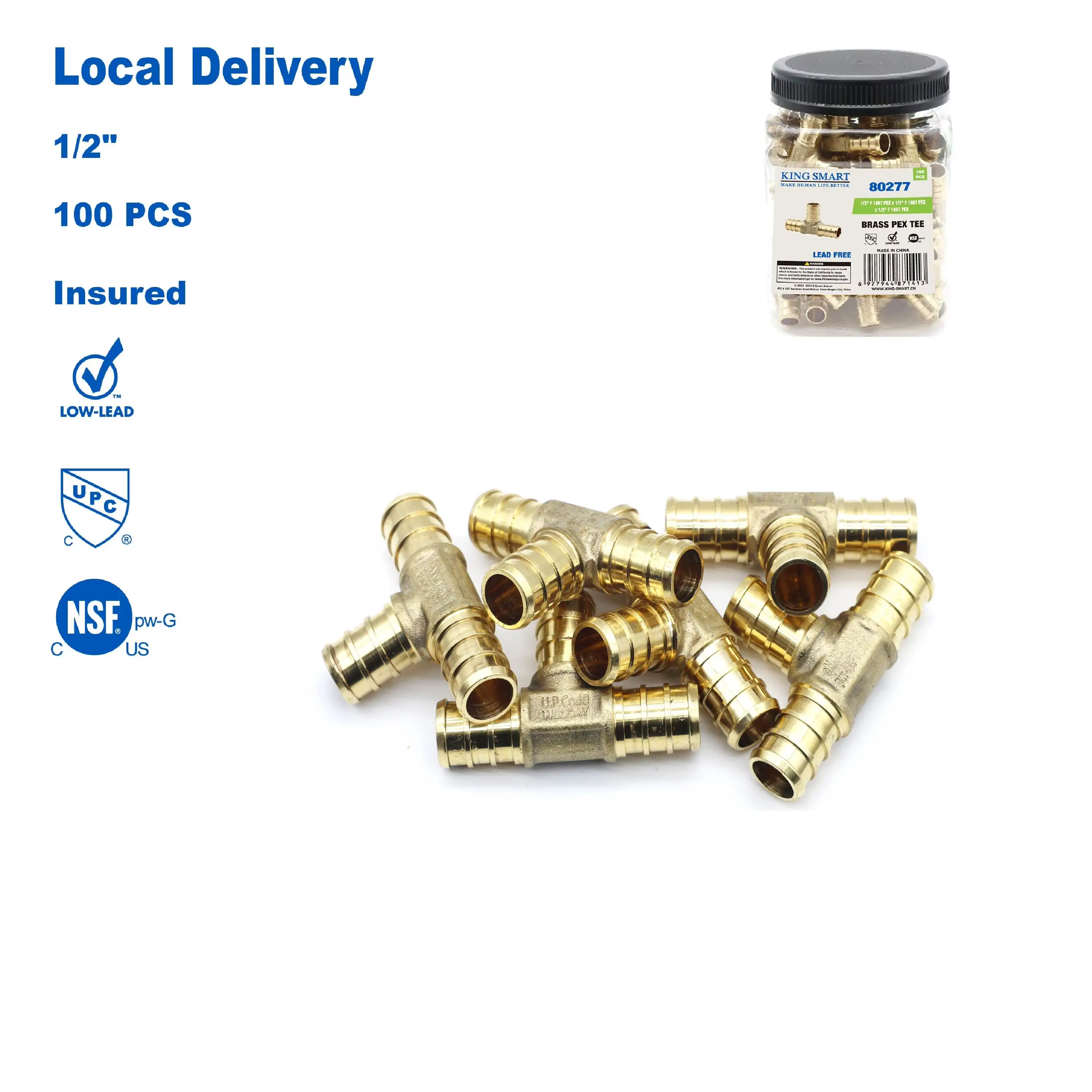 

KING SMART F1807/PEX B 1/2" PEX Tee; for PEX B/C PERT Pipe Installation; Lead Free Brass; 100Pcs/Case; 80277