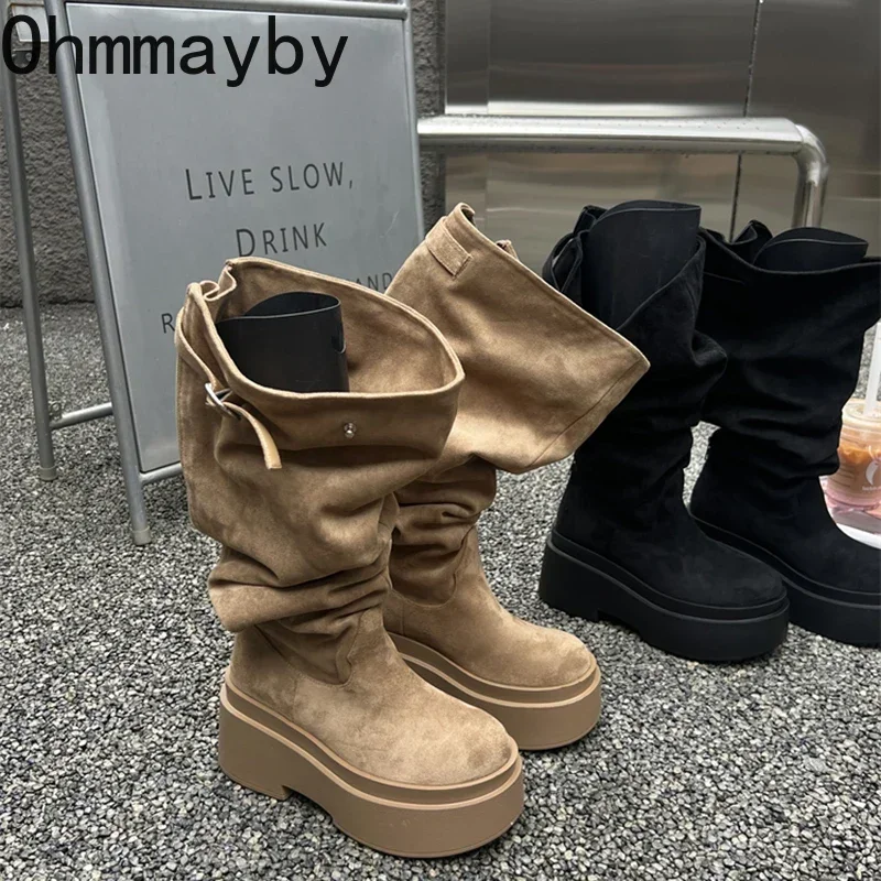 Winter Platform Women Knee-High Boots Fashion Slip On Long Booties Street Style Female Elegant High Heels Shoes