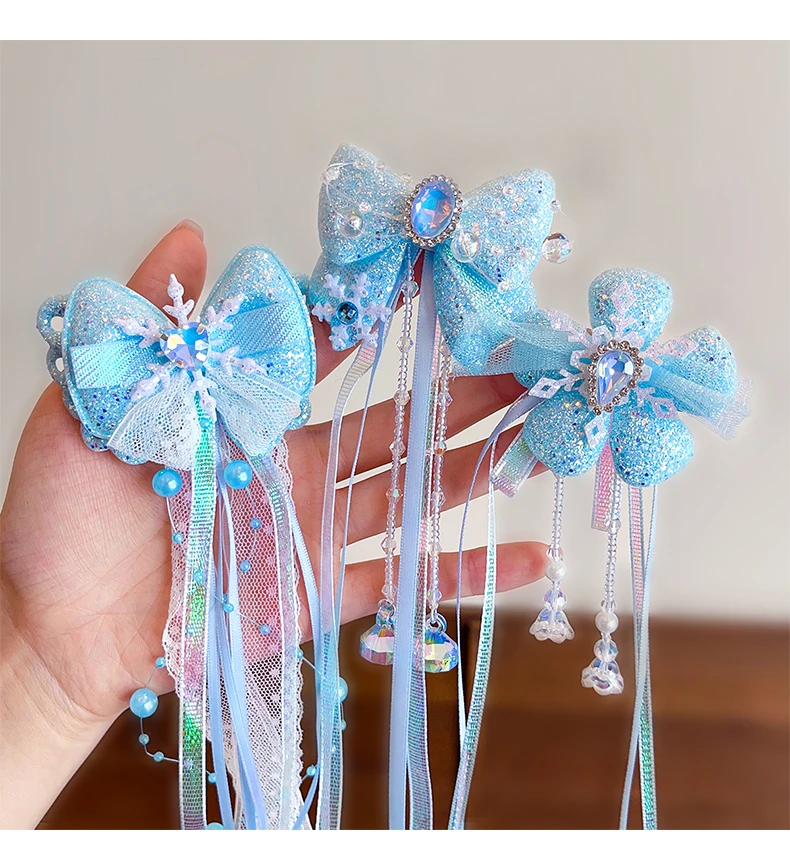 2er-Set Prinzessinnen-Haarspangen für Kleinkinder, Glitzer-Schneeflocken-Quasten-Strass-Haarspangen, schmerzfreie Haarspangen für Kindergeburtstage – Detail 8