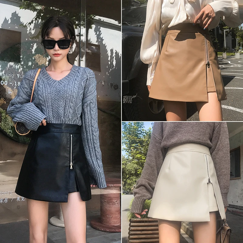 Koreańska Moda Damska Czarna Skórzana Elegancka Seksowna Klubowa Krótka Spódniczka na Zamek Jesień Zima Beżowa Spódniczka Mini w Kształcie Litery A z Wysokim Stanem Popularna