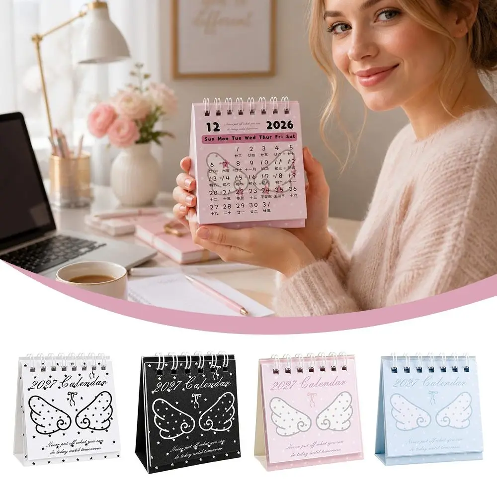 Paper Tabletop Calendar Spiral Bound Angel Wing Pattern Spiral Desk Calendar Star Pattern 2626-12- 2027-12 Mini Desk Calendar