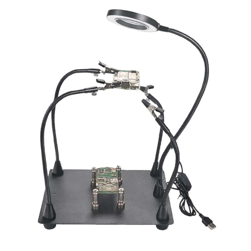 Sturdy Metal Welding Holder for PCB Repair 360 Rotatable Base with 3x High Transmittance Magnifier and LED Light