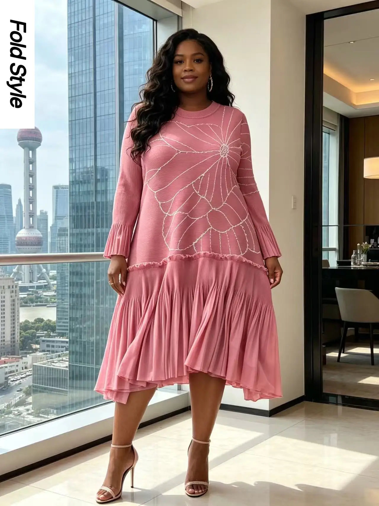 

2026 Summer New Miyake Bead Three-dimensional Flower Horn Sleeve Dress Women's Long-sleeved Pleated A-word Dress Looks Elegant