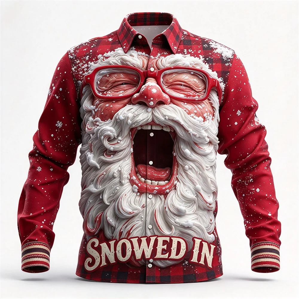 Men's Long Sleeve Ugly Christmas Shirt Tops Vintage Plaid Funny Santa Slogan Print Button Up Shirt Holiday Christmas Party Gifts