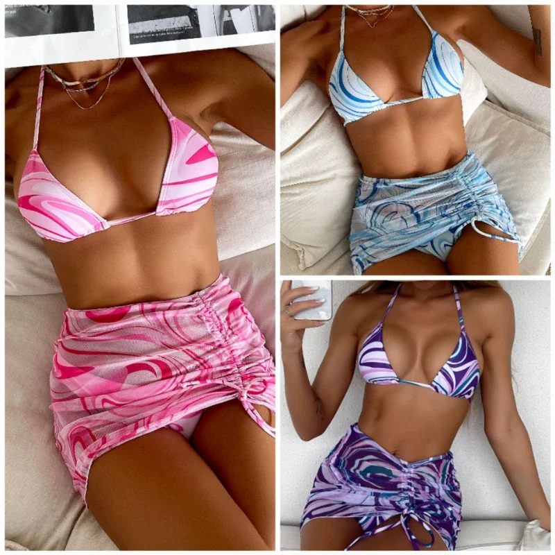 طقم بيكيني مكون من 3 قطع مع تنورة بربطة عنق وصبغ وسلسلة ثونغ لملابس السباحة النسائية وملابس الشاطئ