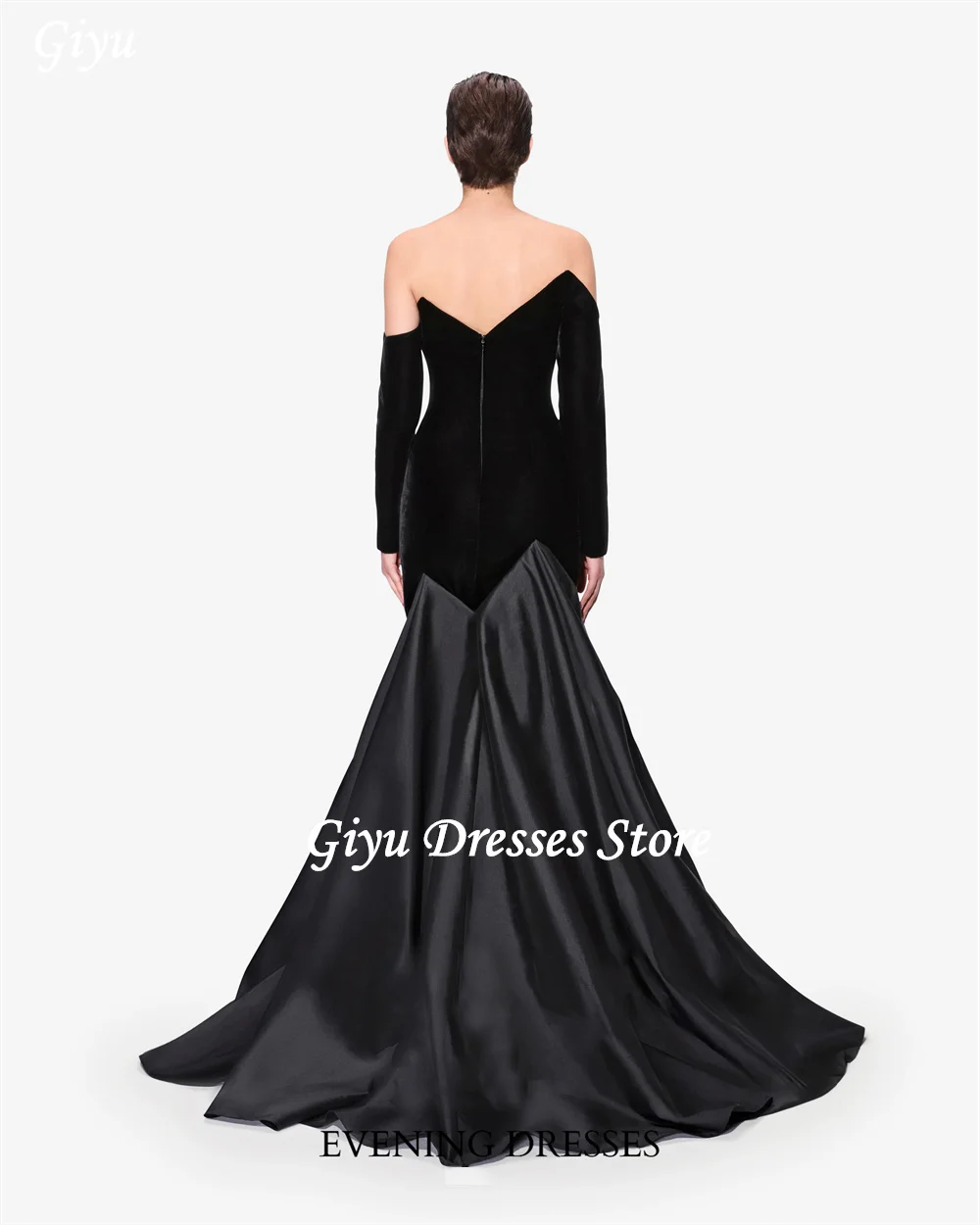 Giyu Black Formal Evening Dresses Women Off the Shoulder Long Sleeves Party Dresses Line Patchwork Prom Gown Customized