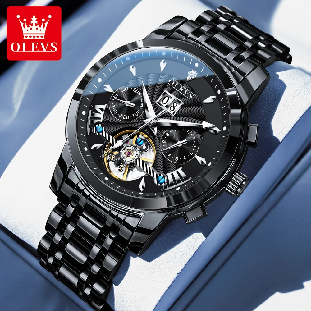 

OLEVS 9965 Men's Multi Functional Watch Original Skeleton Flywheel Mechanical Watch Classic Calendar Waterproof Men's Watch