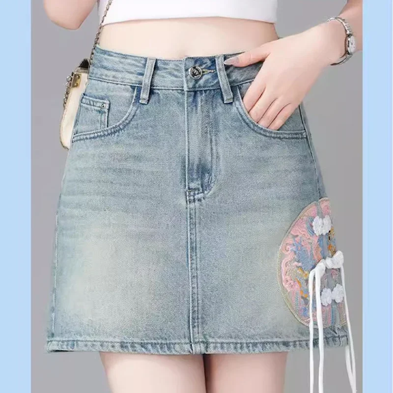 

New Chinese National Style Denim Skirt Women's Summer New Vintage Chic Straight Skirt All-match AA Hip High Waist Short Skirt
