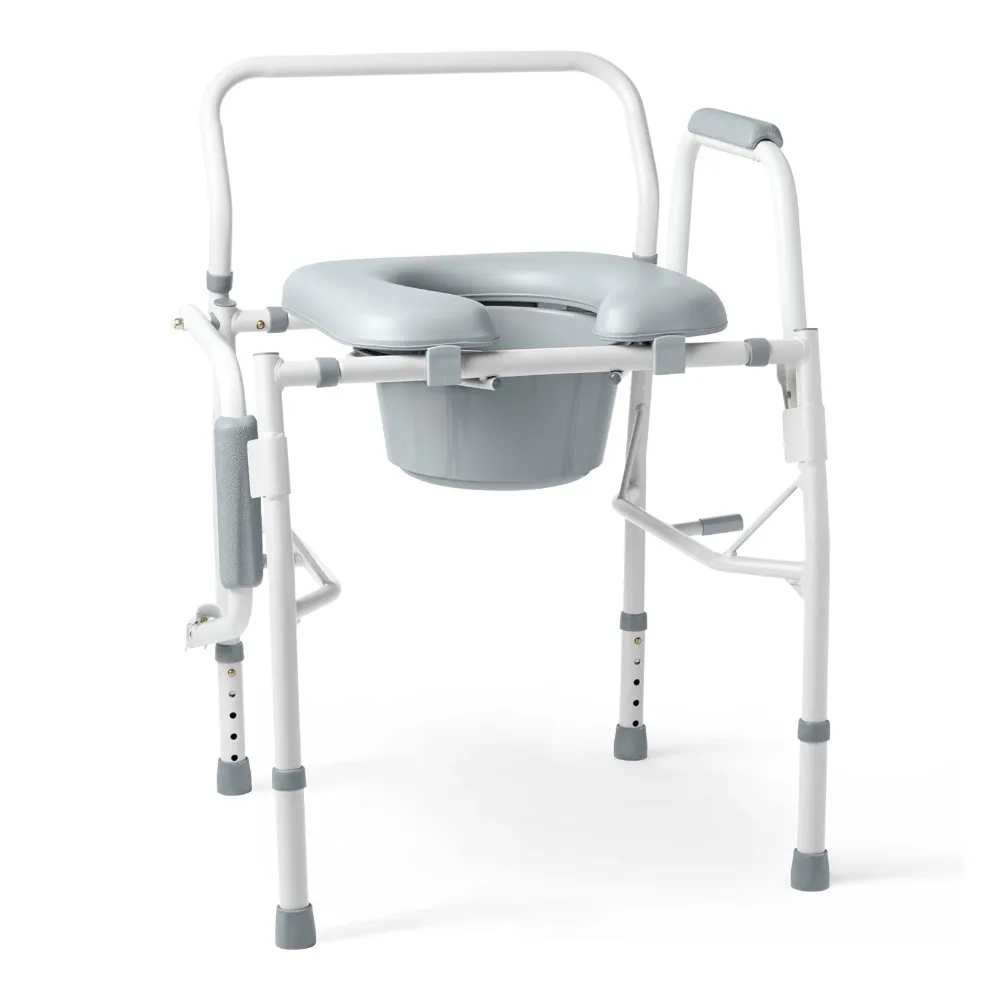 Drop Arm Commode Chair for Adults and Seniors Padded Seat, Removable Pail Splash Guard Drop-Down Arms 350 Lb. Weight Capacity