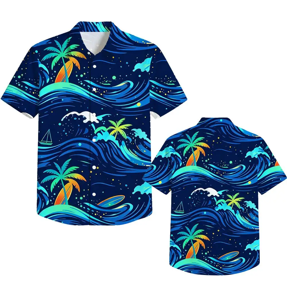 Men Loose Cotton Hawaiian Shirt Palm Tree Surfboard Ocean Wave Print Button Down Top Summer Beach Casual Vacation Apparel